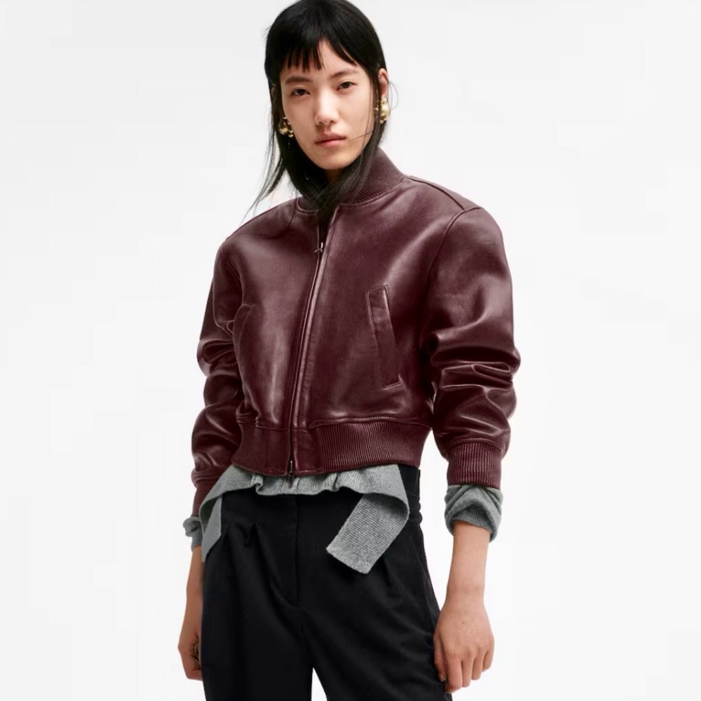 H&M STUDIO COLLECTION
LEATHER BURGUNDY BOMBER JACKET SIZE M